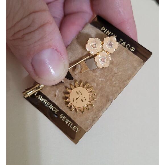 Vintage New Lawrence Bentley Double Tac Pin Brooch Hat Pin Set Gold Sun Enamel - Picture 1 of 13